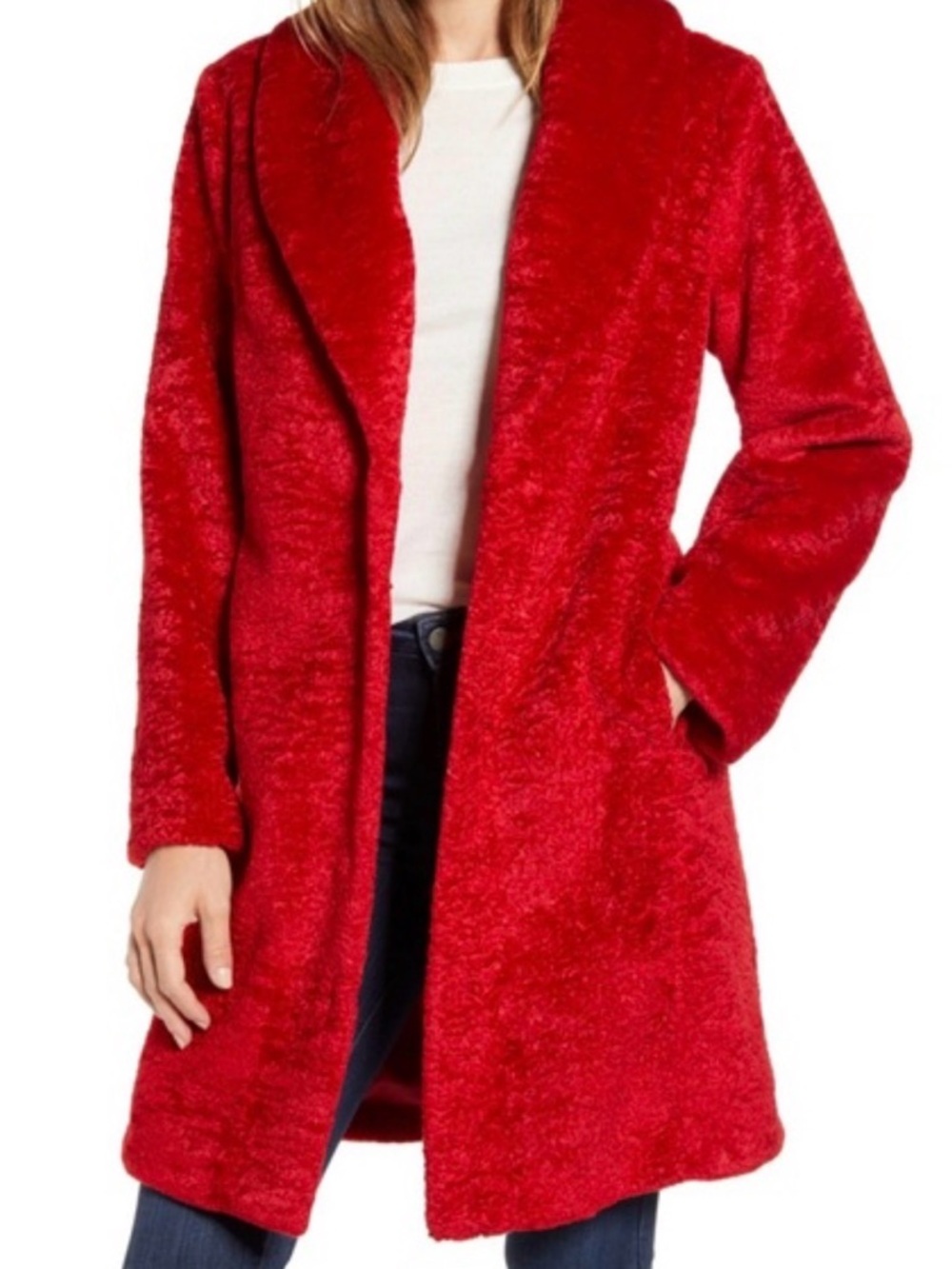 Rachel Parcell Red Faux Fur Shawl Collar Teddy Coat Womens XS
